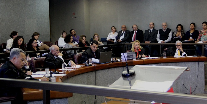A Conselheira Adriene Andrade distribuiu um exemplar do resumo ( pilha de relatórios ao seu lado direito) para os conselheiros na sessão do Pleno. (Foto: Karina Camargos Coutinho)